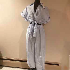 ZARA Light Blue Short Sleeve Jumpsuit with Tie | Size M